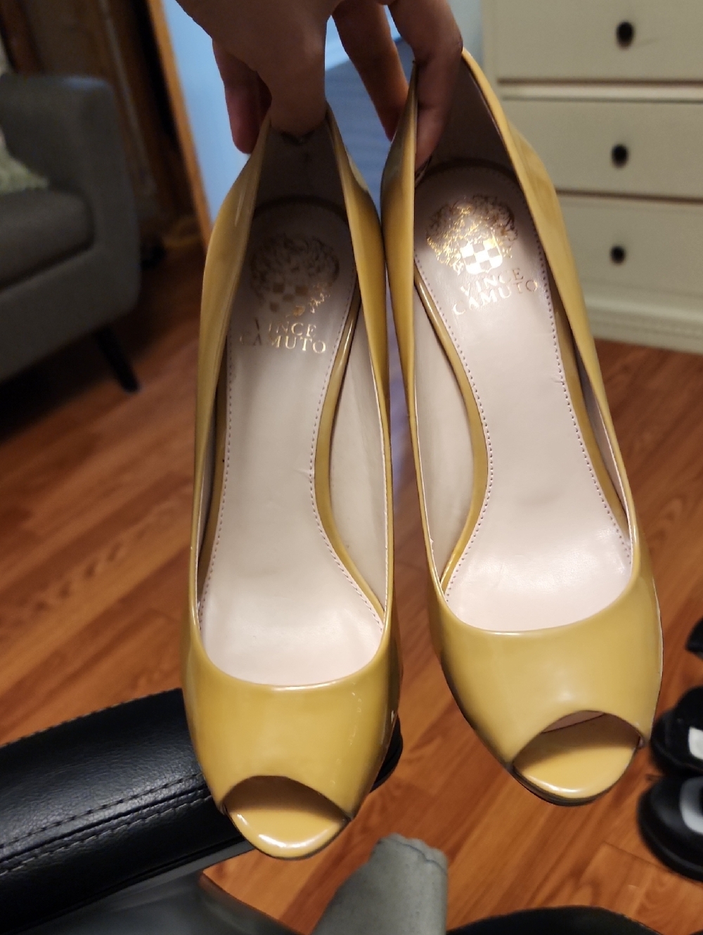 Vince Camuto Women's Mustard Yellow Patent Peep-Toe Stilletto Pumps